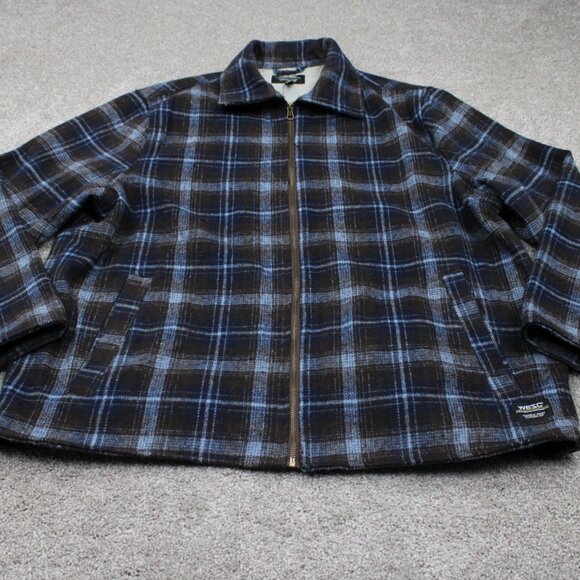 WeSC Flannel Shirt Jacket Mens 2XL Womens 3XL Blue/Brown Plaid Lined L/S Button - Picture 2 of 13